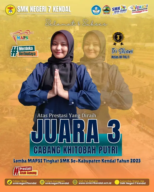 Juara 3 Lomba Khitobah Putri dalam ajang Kejuaraan Mata Pelajaran dan Seni Islami (MAPSI) Tahun 2025 Tingkat SMK Se-Kabupaten Kendal